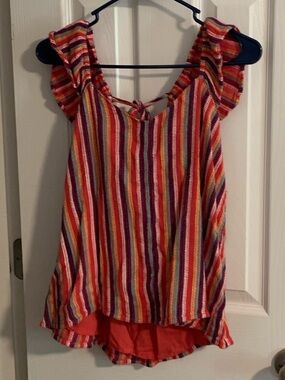 Liverpool Multi-Color Striped Ruffle Sleeve Camisole